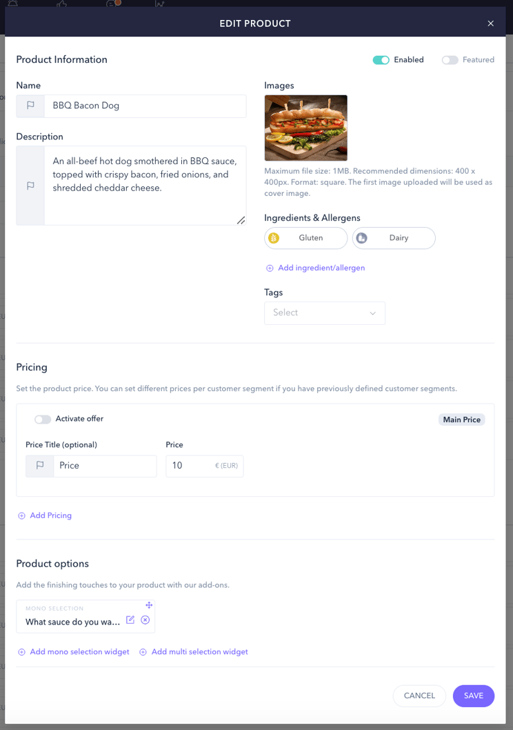 How to add a restaurant menu using the advanced catalog