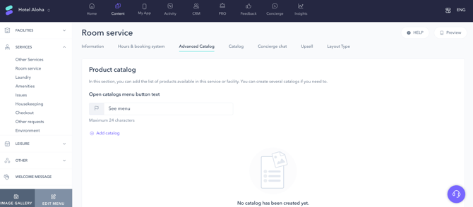 How to add a room service menu using the advanced catalog 01EN