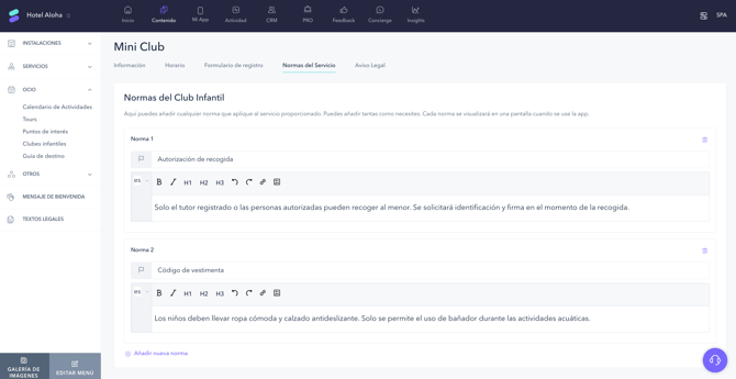 How to add service rules to a kids club_01ES